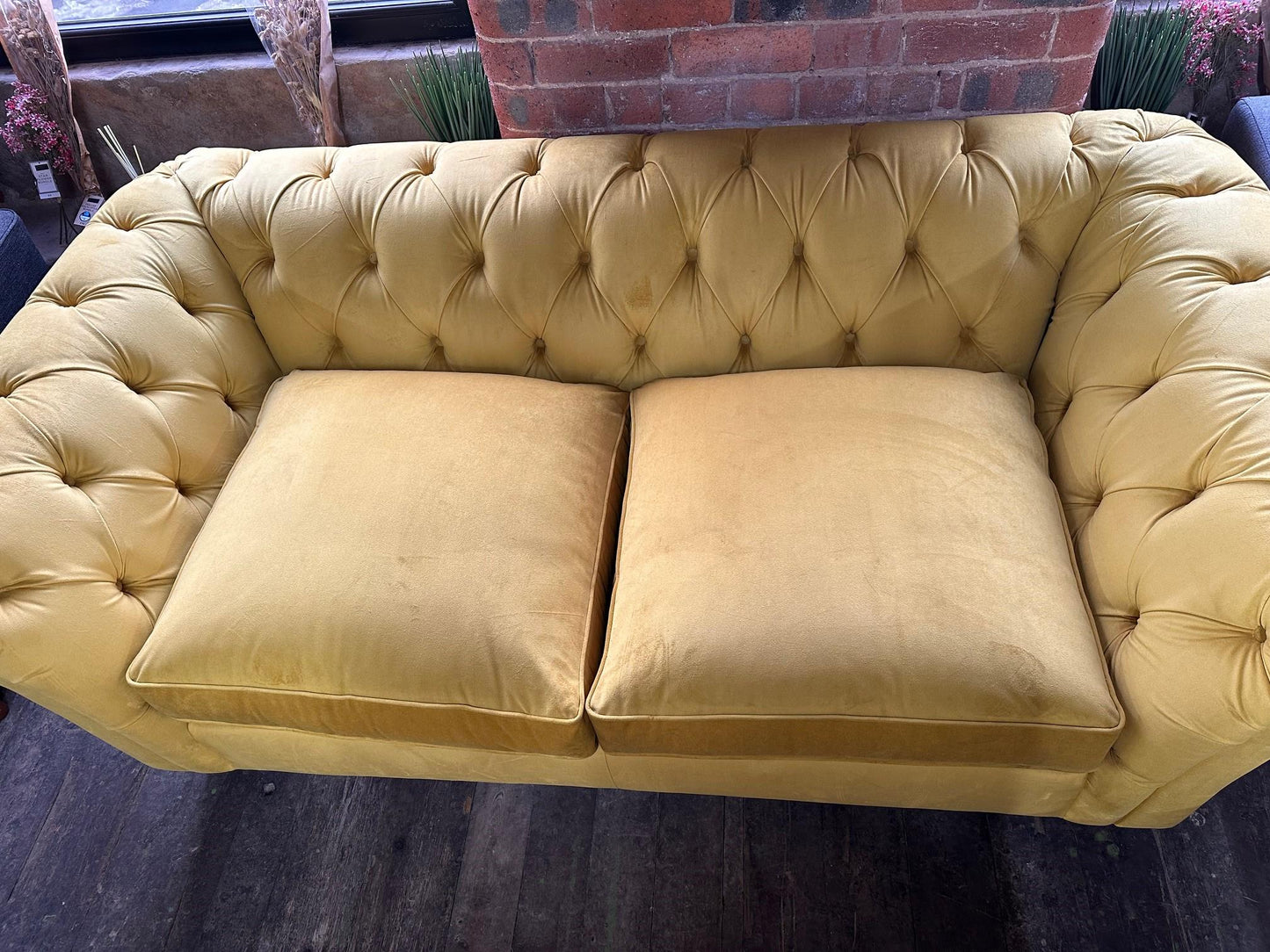 Large Chesterfield Sofa in Plush Dark Ochre Velvet - New Upholstery