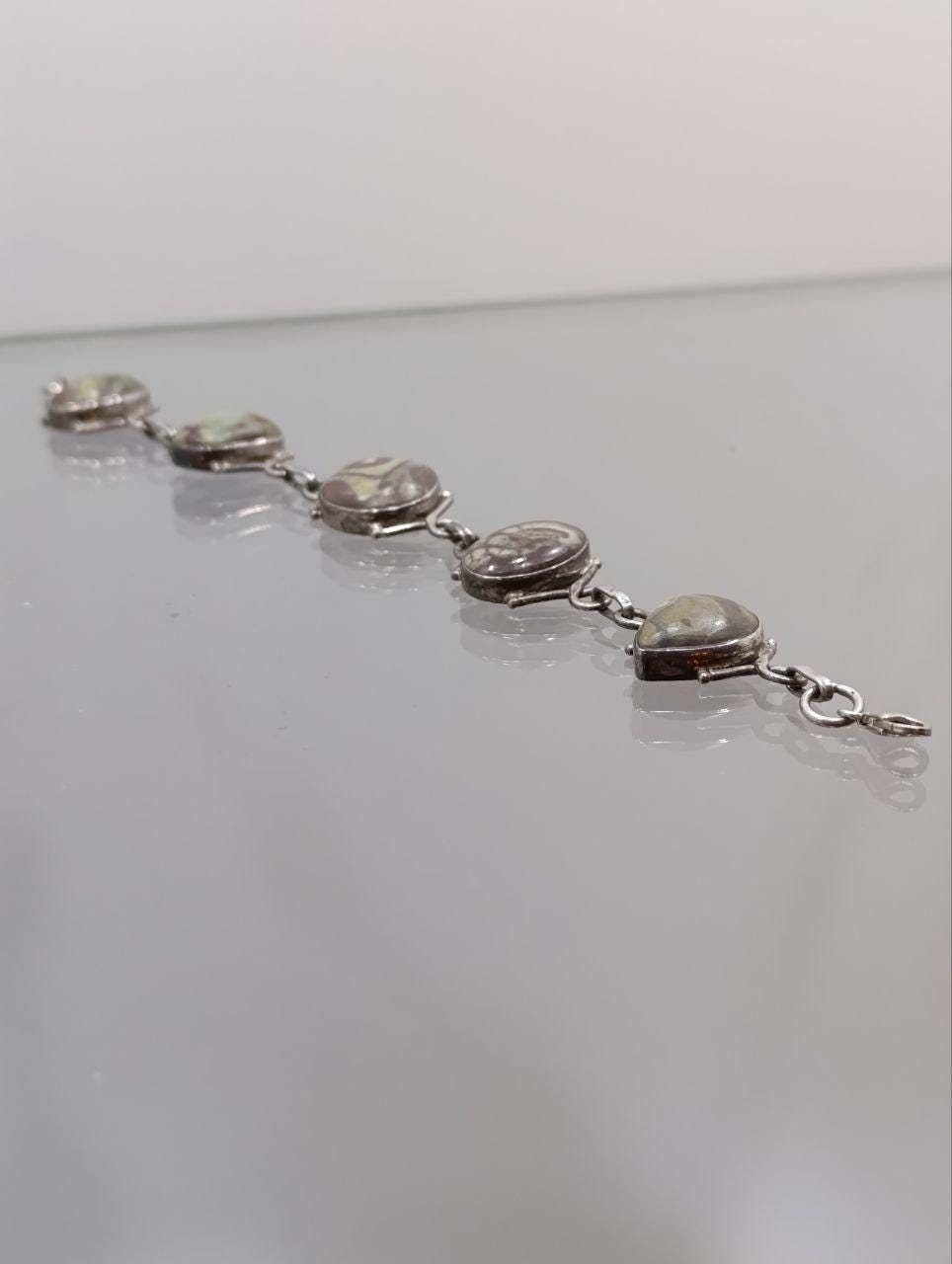 Beautiful Vintage Arts & Craft Style Solid Silver Moss Agate Bracelet