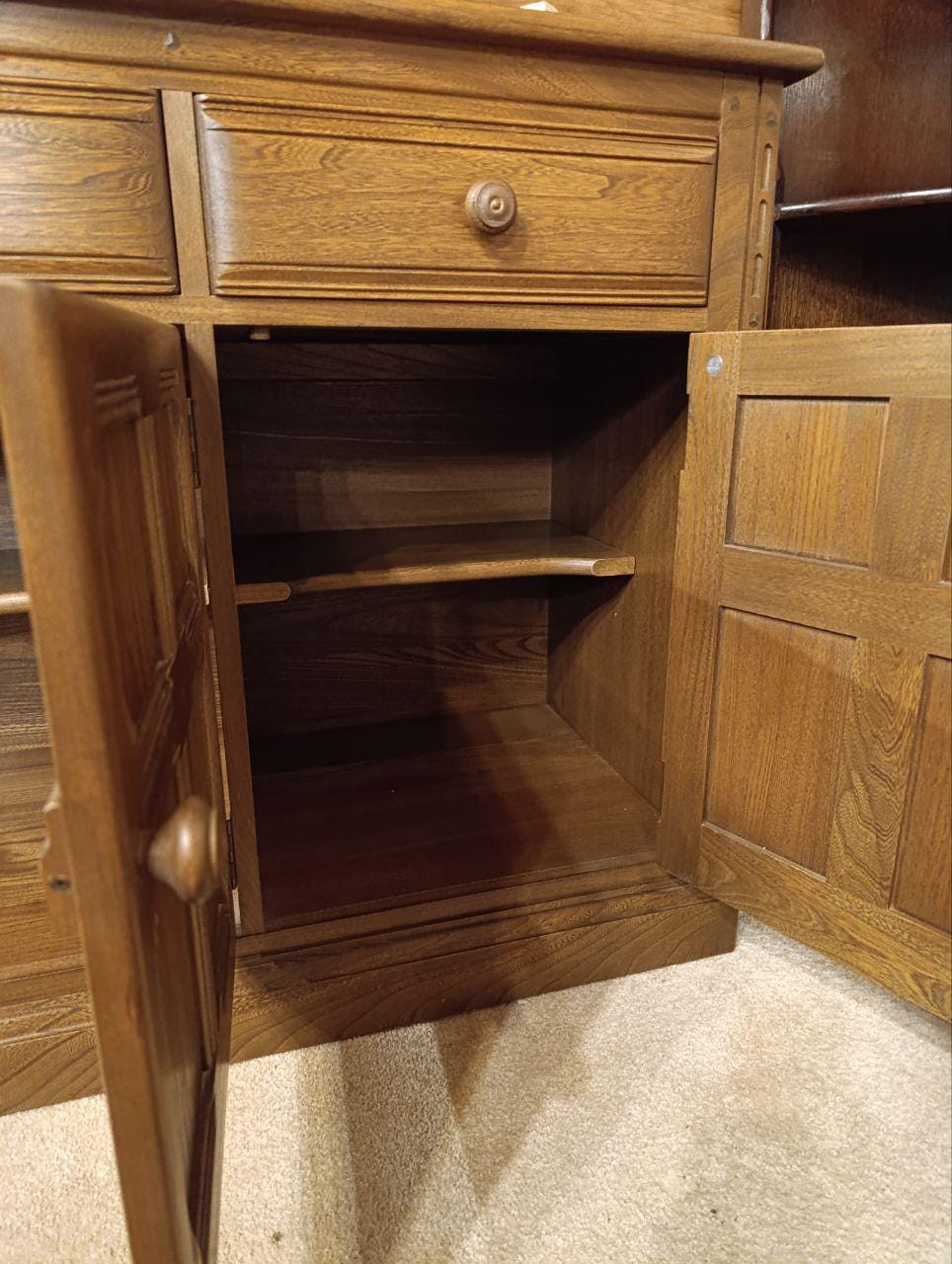 Unique Elmwood Sideboard with Twist-Open Cabinets & Cutlery Drawer