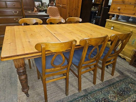 Antique Pine Wind-Out Dining Table & 6 Chairs - Rustic Farmhouse Style