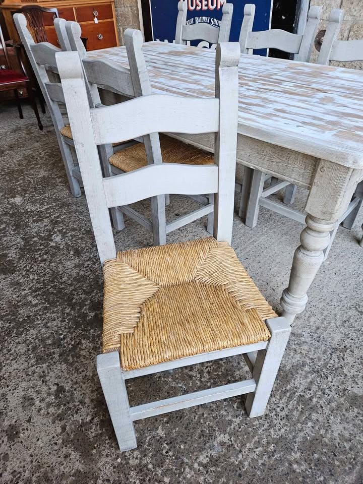 Rustic Farmhouse Dining Set - Whitewashed Table & Bench with 6 Chairs