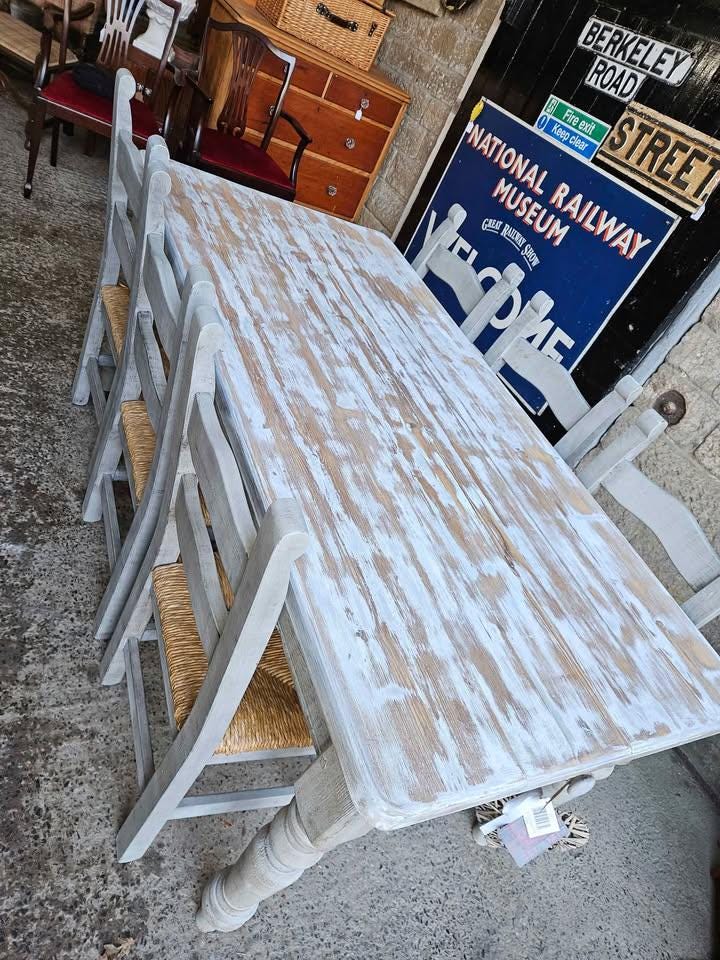 Rustic Farmhouse Dining Set - Whitewashed Table & Bench with 6 Chairs
