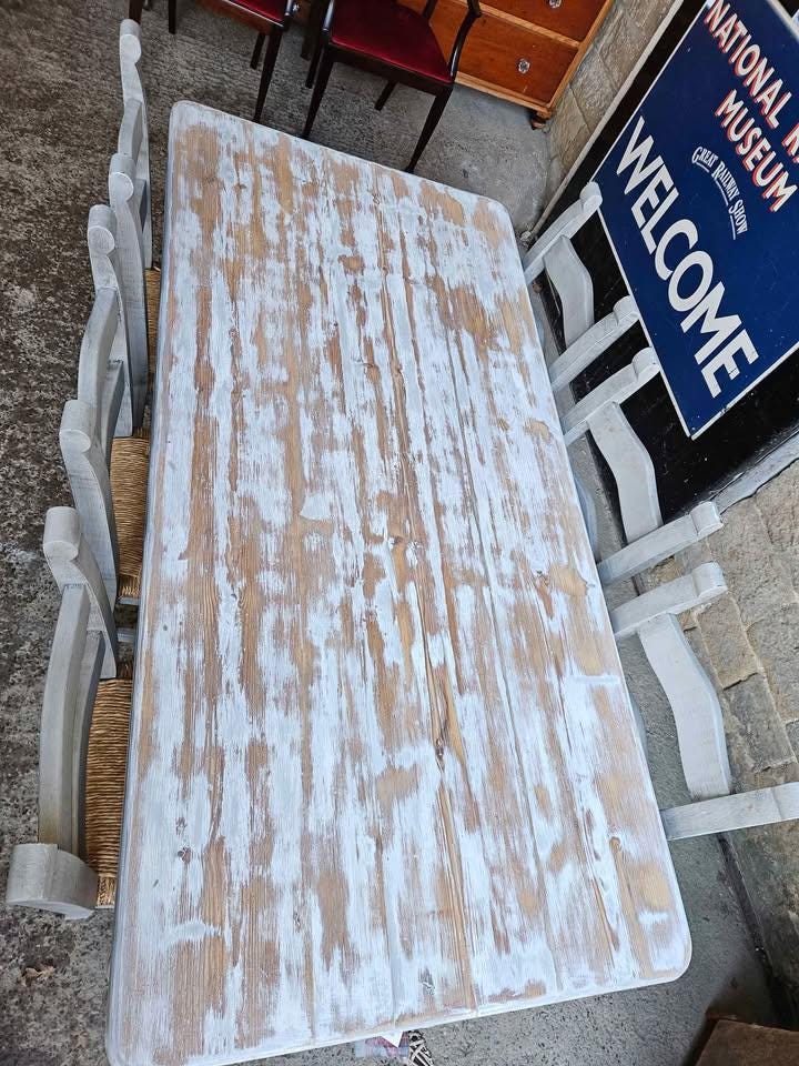Rustic Farmhouse Dining Set - Whitewashed Table & Bench with 6 Chairs