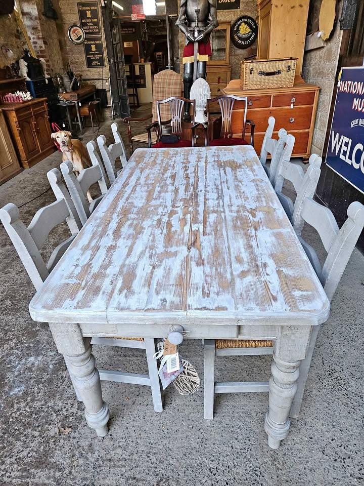 Rustic Farmhouse Dining Set - Whitewashed Table & Bench with 6 Chairs