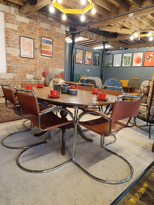 Set of 6 Bauhaus Cantilever Chairs - Chrome & Cognac Leather - Italian Design
