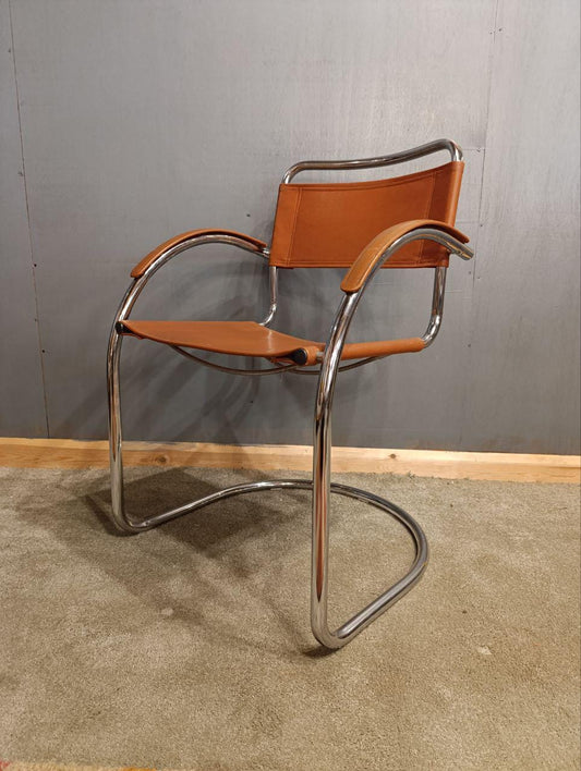 Set of 6 Bauhaus Cantilever Chairs - Chrome & Cognac Leather - Italian Design