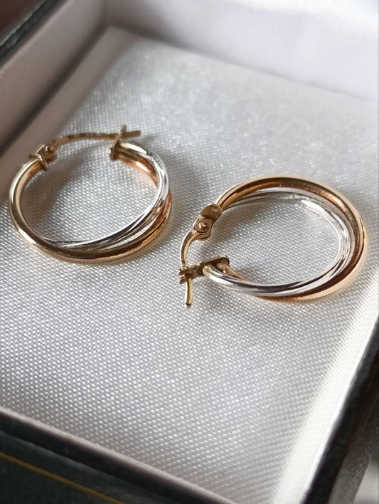 Vintage Italian Unoaerre 9ct Gold Hoop Earrings in Yellow and White Gold