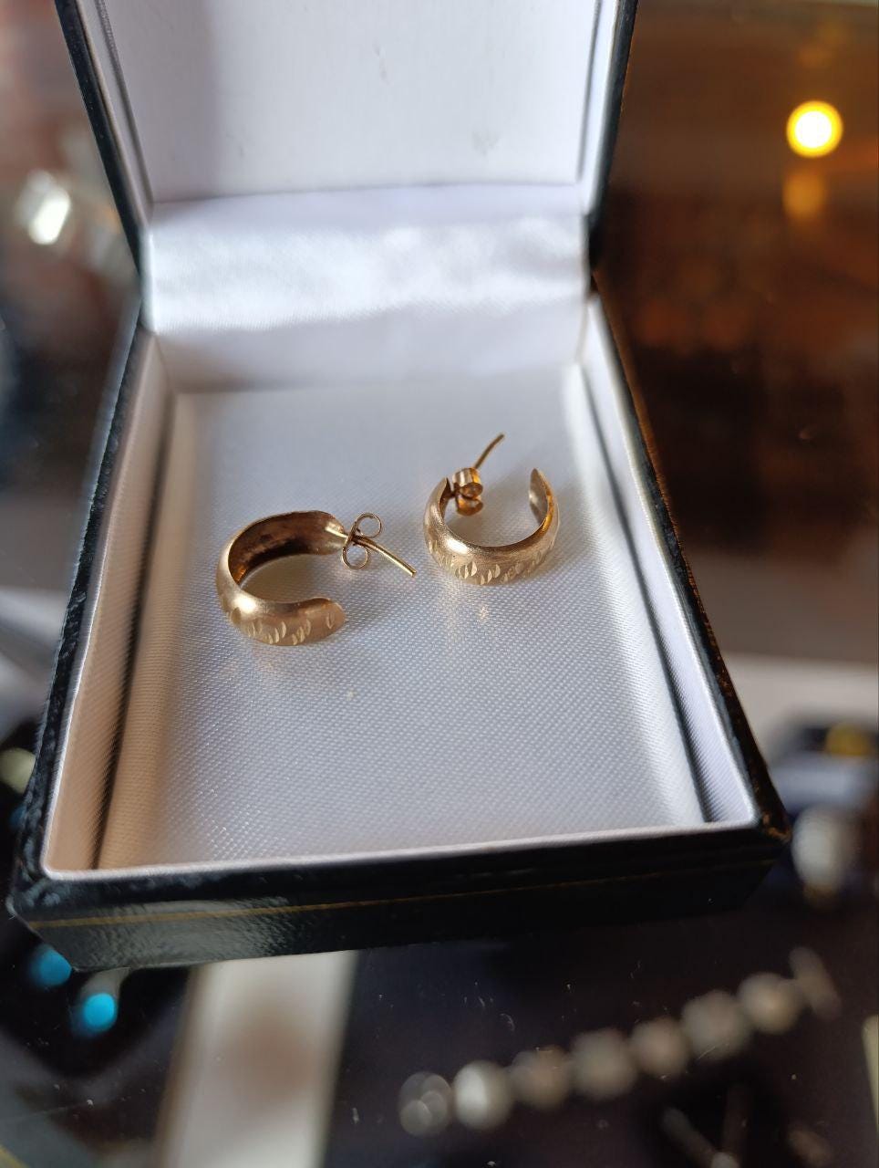 9ct Gold Banded Herringbone Half Hoop Earrings