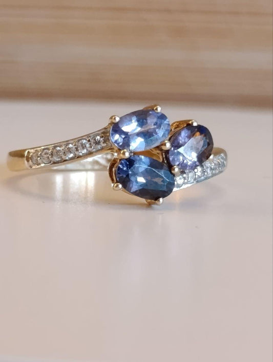 Ceylon Sapphire, Amethyst & Cubic Zirconia 9ct Gold Ring - Size S