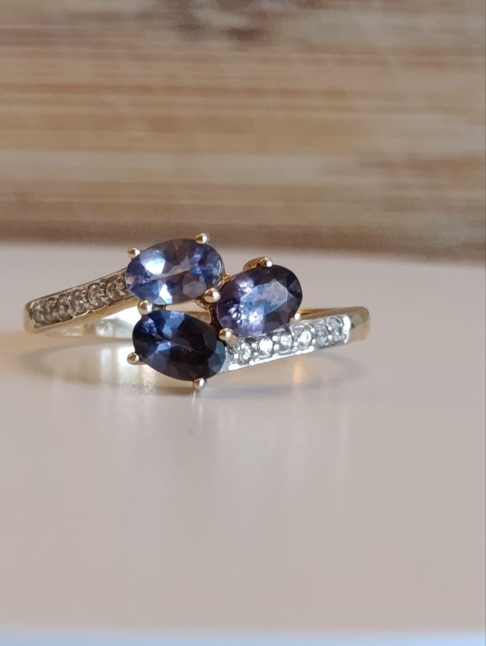 Ceylon Sapphire, Amethyst & Cubic Zirconia 9ct Gold Ring - Size S