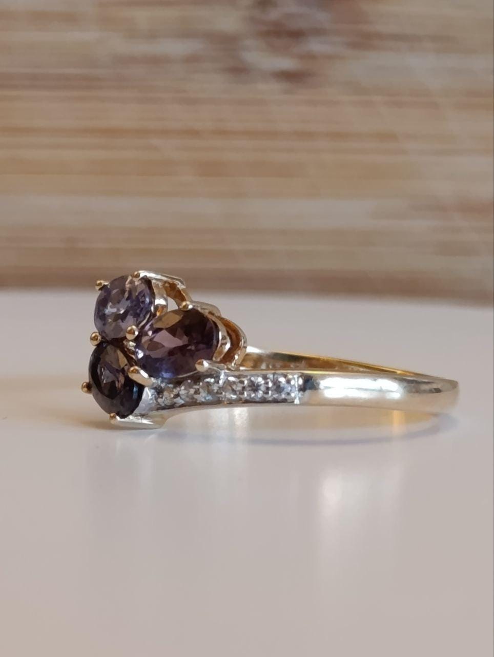 Ceylon Sapphire, Amethyst & Cubic Zirconia 9ct Gold Ring - Size S