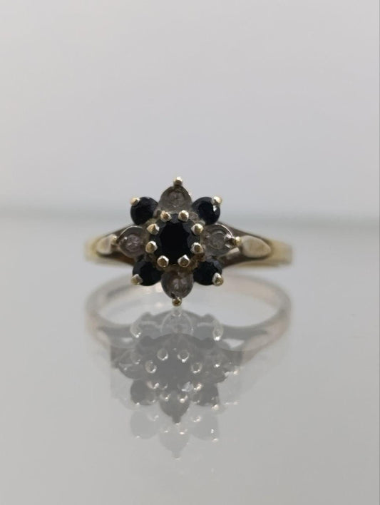 Vintage 9ct Gold Sapphire & Diamond Cluster Ring - Size L