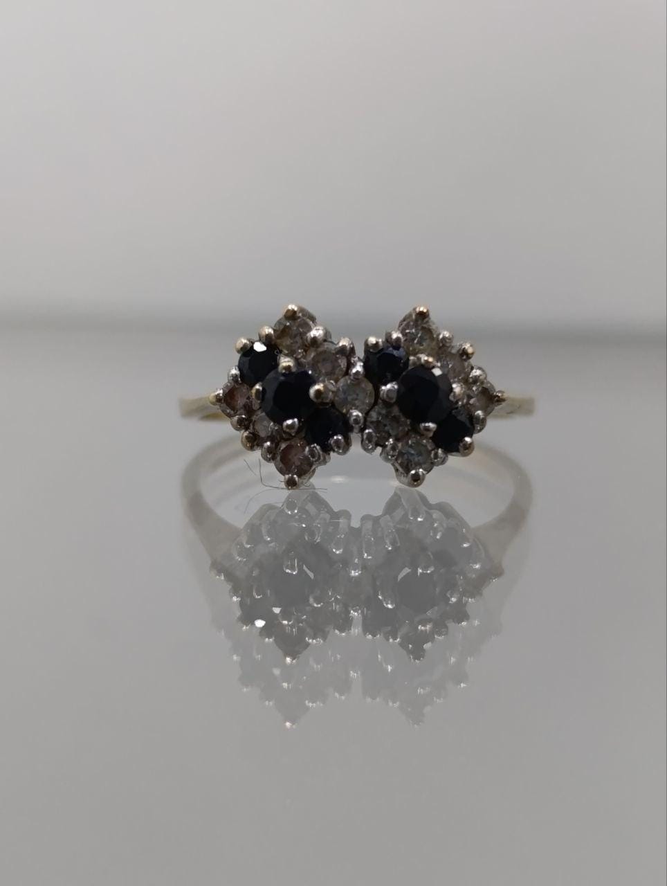 Unique Vintage 9ct Gold Sapphire & Cubic Zirconia Ring - Symmetrical Design