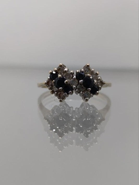 Unique Vintage 9ct Gold Sapphire & Cubic Zirconia Ring - Symmetrical Design