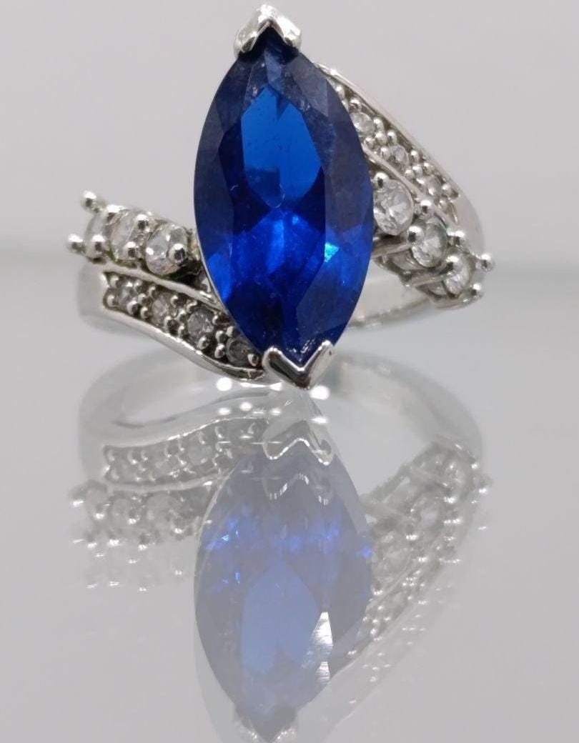 Sterling Silver & Synthetic Sapphire Ring with Diamond Accents - Size K
