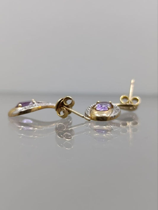Stunning Vintage 9ct Gold Amethyst & Diamond Drop Earrings