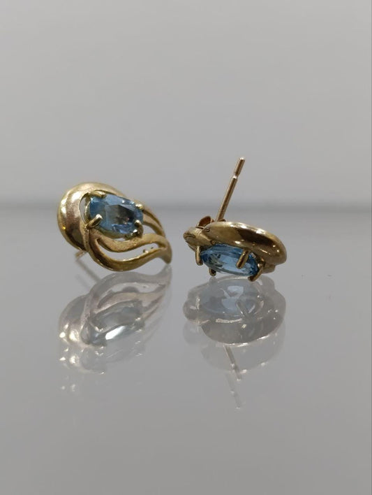 9ct Gold & Blue Topaz Stud Earrings - Elegant Flowing Design
