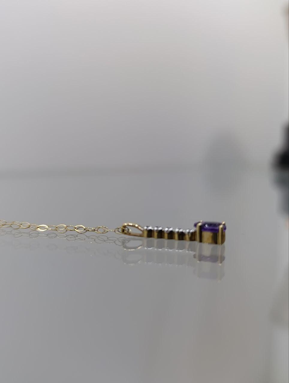 Vintage 9ct Gold Amethyst & Diamond Pendant Necklace - 16 Inches