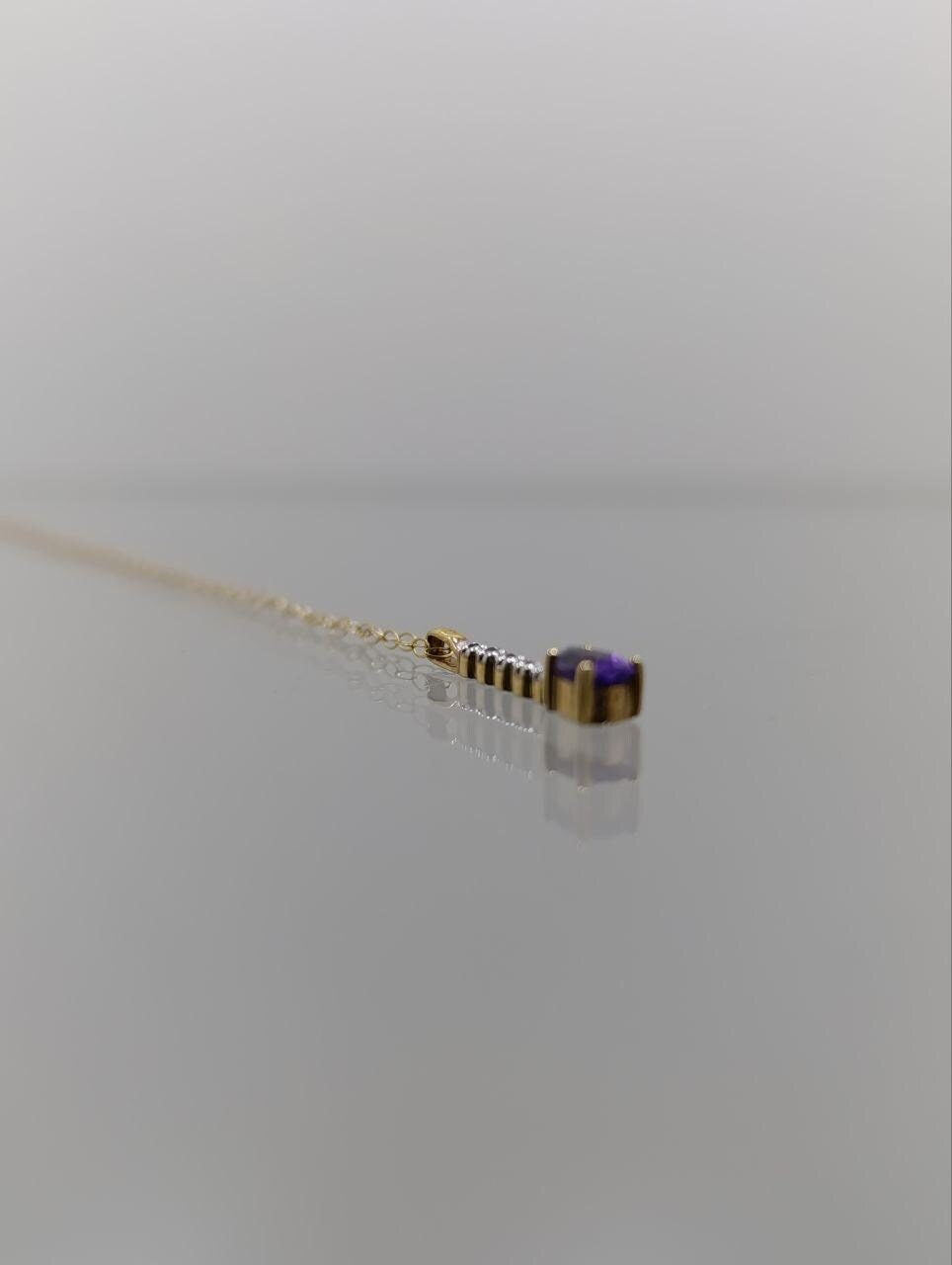 Vintage 9ct Gold Amethyst & Diamond Pendant Necklace - 16 Inches