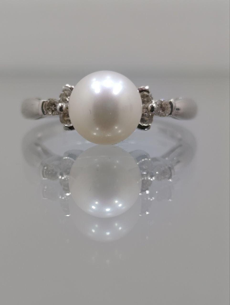 Art Deco 14ct White Gold Pearl & Diamond Ring - Size N