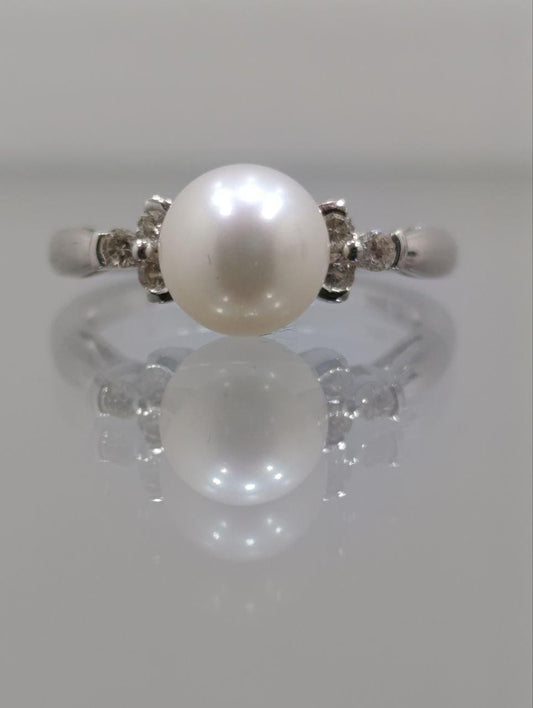 Art Deco 14ct White Gold Pearl & Diamond Ring - Size N