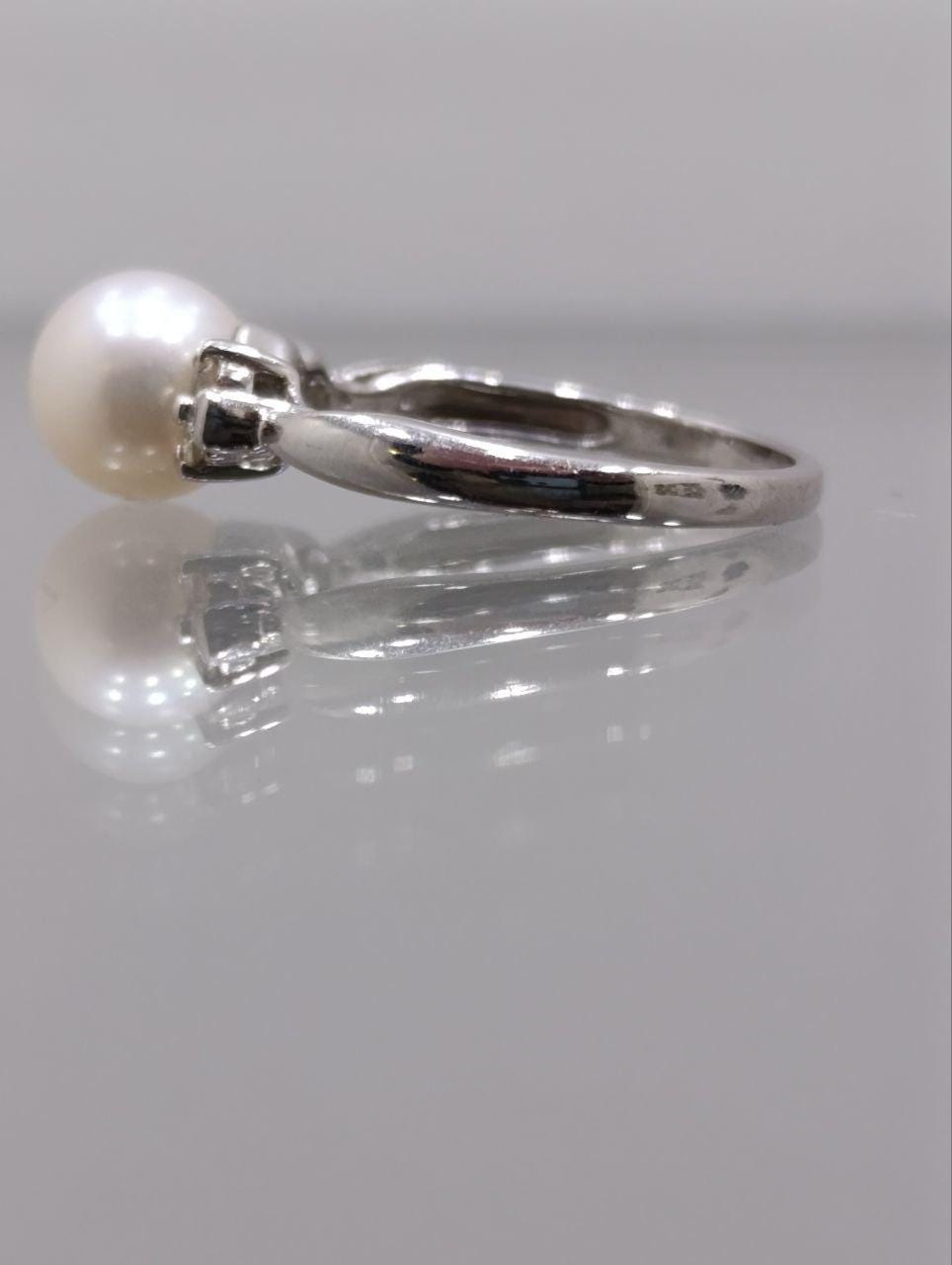 Art Deco 14ct White Gold Pearl & Diamond Ring - Size N