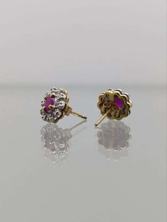 Vintage 9ct Gold Ruby & Diamond Cluster Earrings