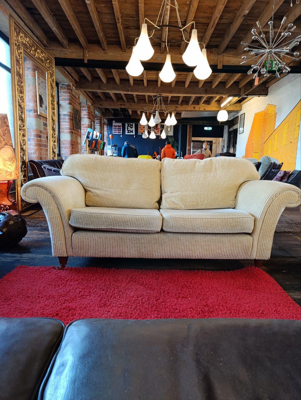 Sleigh Back Sofa & Armchairs - 3 Piece Suite - Cream Corduroy - Victorian Style