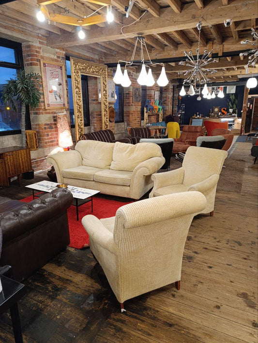 Sleigh Back Sofa & Armchairs - 3 Piece Suite - Cream Corduroy - Victorian Style