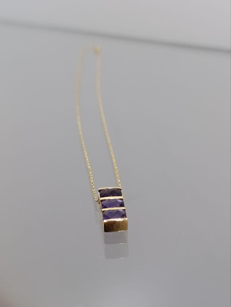 14ct Gold Amethyst Bar Pendant Necklace - 18 Inch Chain