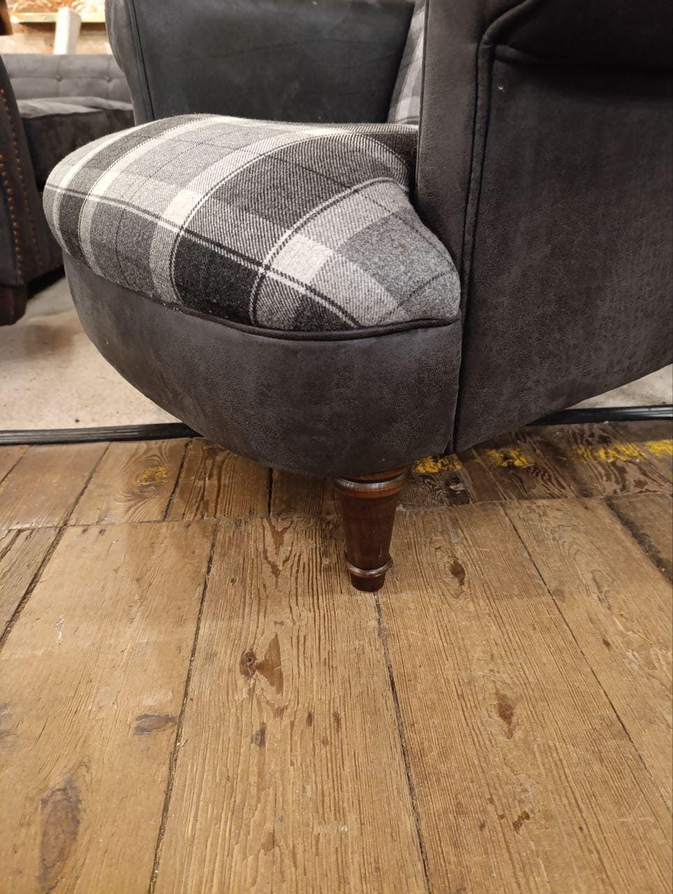 Luxurious Victorian Style Armchair in Plush Velvet Charcoal Grey and Tartan