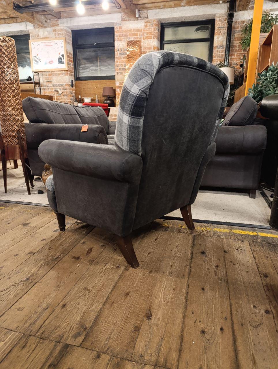 Luxurious Victorian Style Armchair in Plush Velvet Charcoal Grey and Tartan