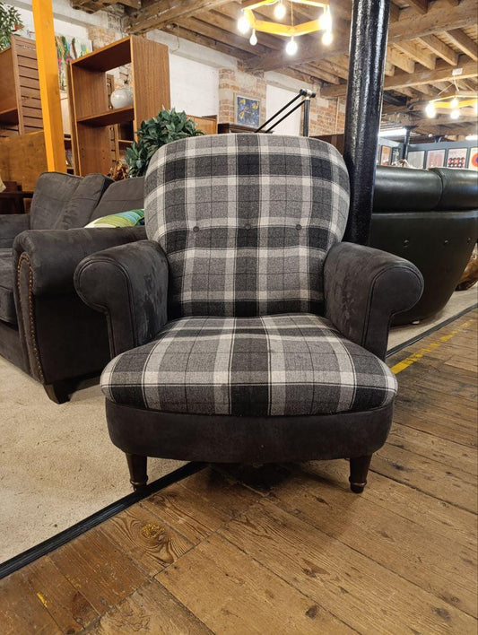 Luxurious Victorian Style Armchair in Plush Velvet Charcoal Grey and Tartan