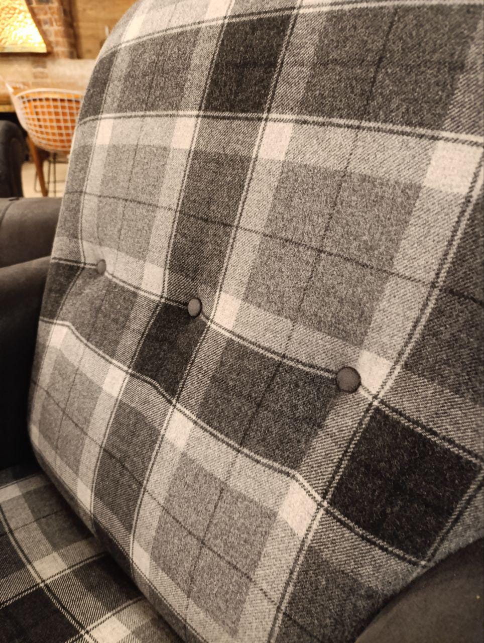 Luxurious Victorian Style Armchair in Plush Velvet Charcoal Grey and Tartan