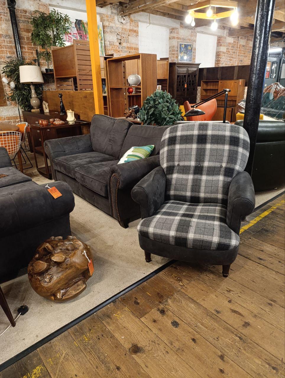 Luxurious Victorian Style Armchair in Plush Velvet Charcoal Grey and Tartan