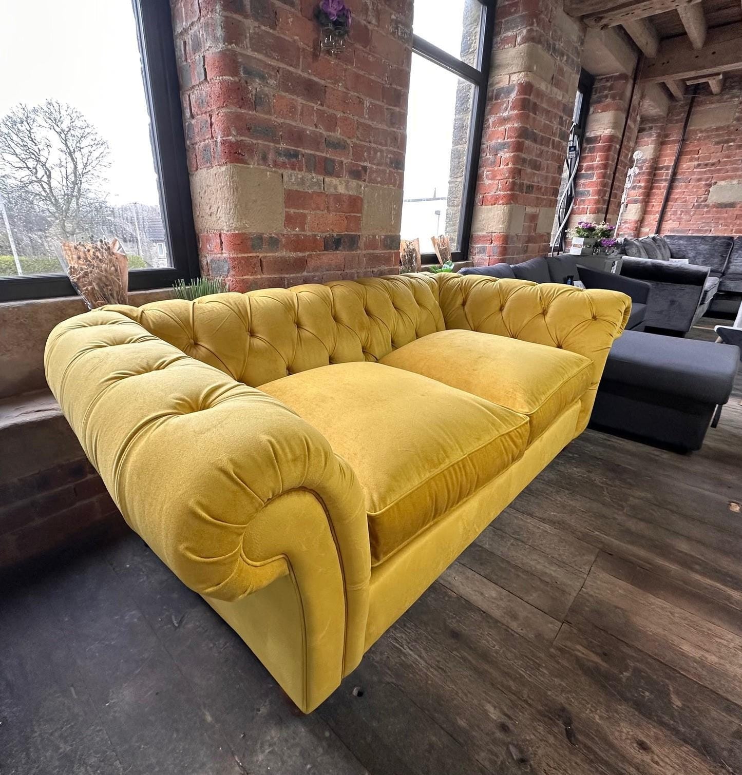 Large Chesterfield Sofa in Plush Dark Ochre Velvet - New Upholstery