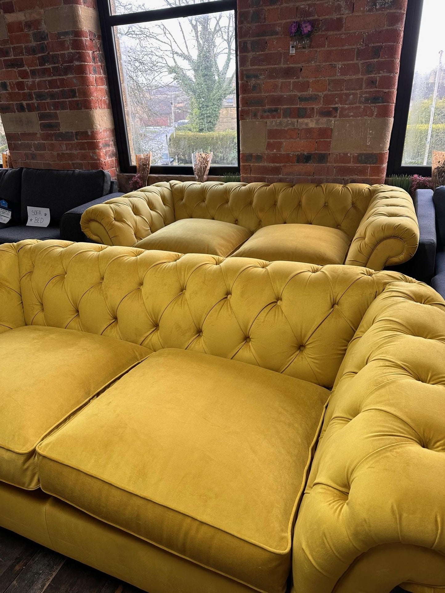 Large Chesterfield Sofa in Plush Dark Ochre Velvet - New Upholstery