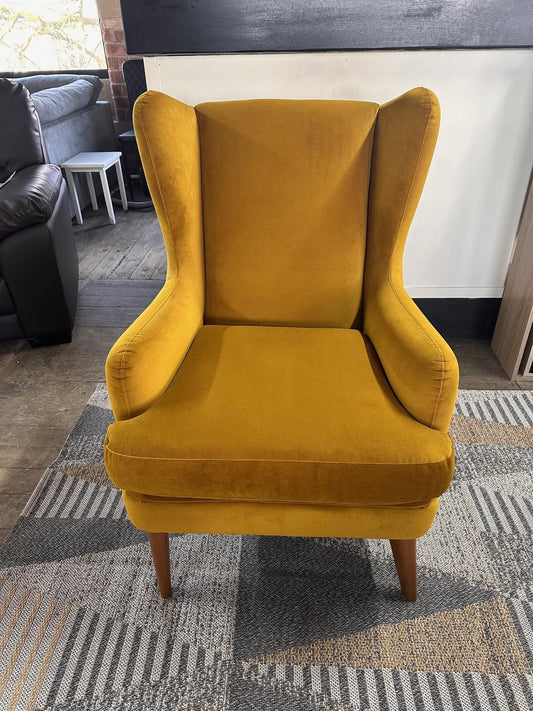 Mustard Velvet High-Back Wingback Chair -  Elegant & Comfortable