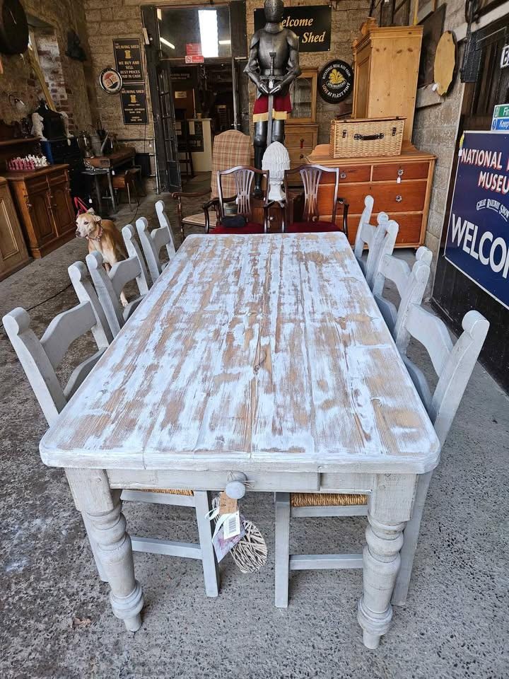 Rustic Farmhouse Dining Set - Whitewashed Table & Bench with 6 Chairs