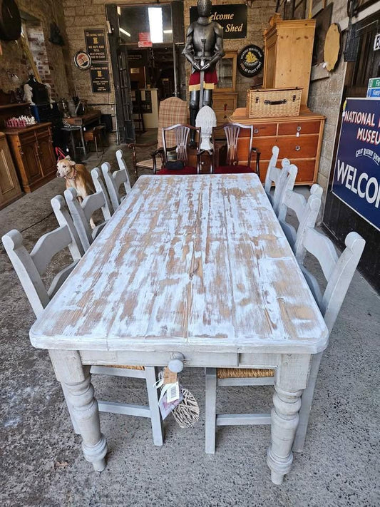 Rustic Farmhouse Dining Set - Whitewashed Table & Bench with 6 Chairs