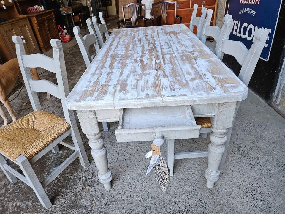 Rustic Farmhouse Dining Set - Whitewashed Table & Bench with 6 Chairs