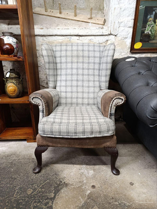 Victorian Style Chesterfield Wingback Armchair - Suede & Wool Tweed
