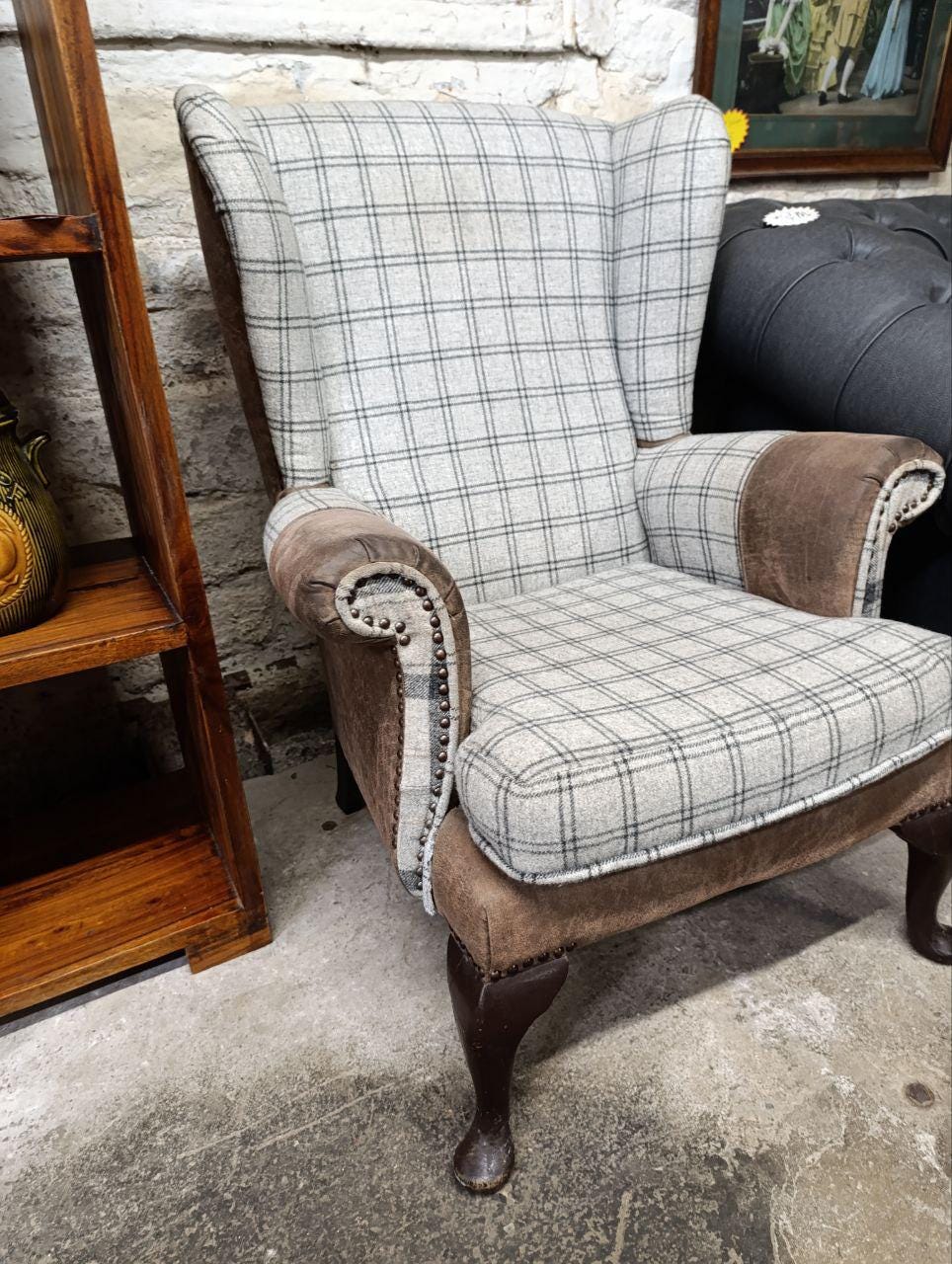 Victorian Style Chesterfield Wingback Armchair - Suede & Wool Tweed