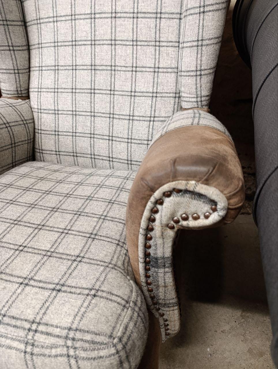 Victorian Style Chesterfield Wingback Armchair - Suede & Wool Tweed