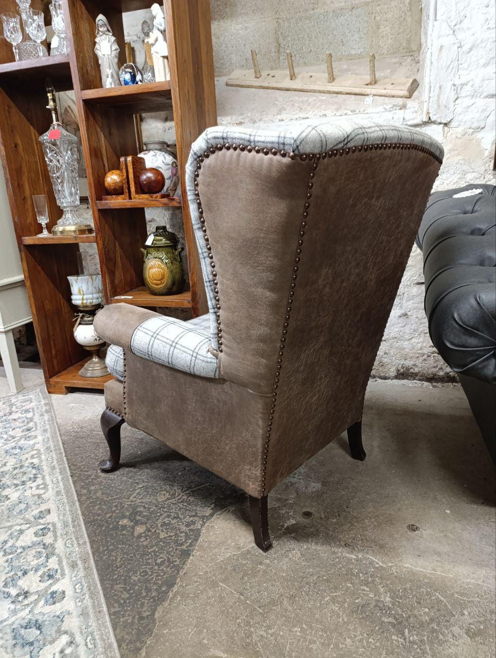 Victorian Style Chesterfield Wingback Armchair - Suede & Wool Tweed
