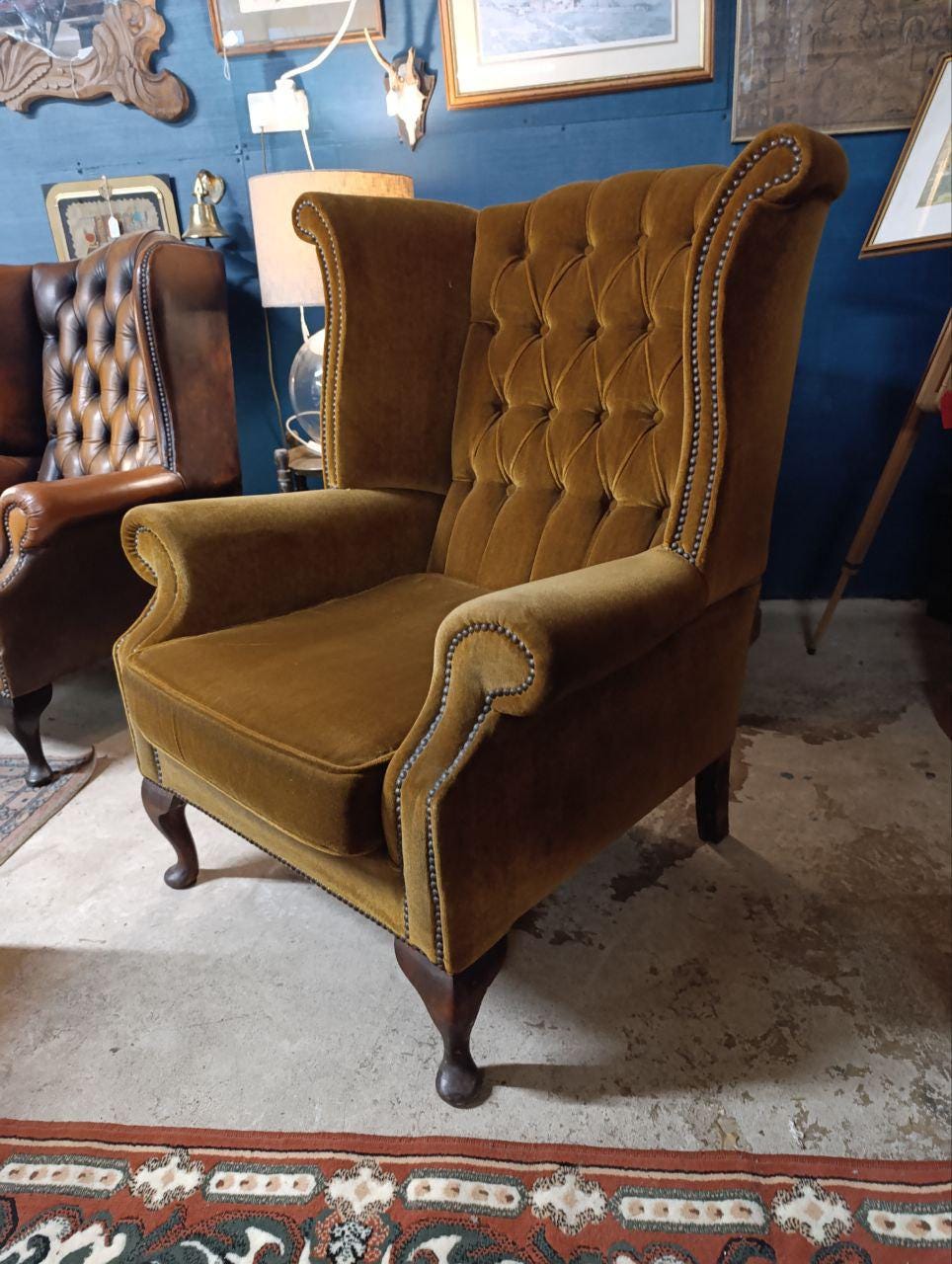 Chesterfield Queen Anne High Back Wing Chair - Vintage Brown Velvet