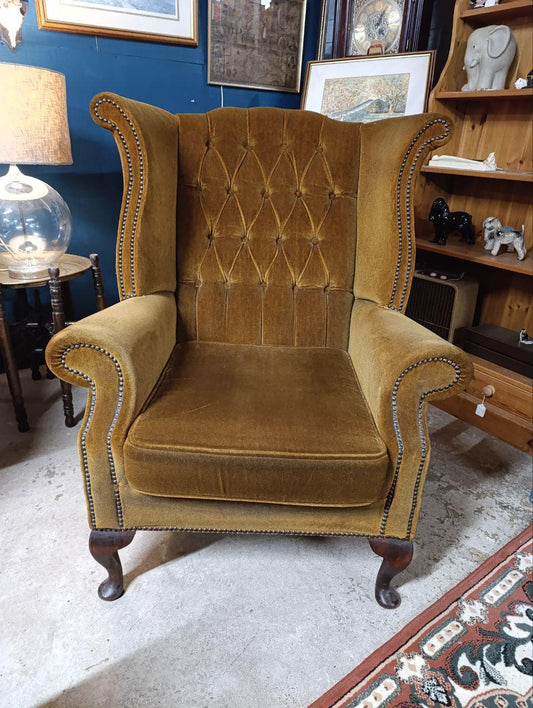 Chesterfield Queen Anne High Back Wing Chair - Vintage Brown Velvet