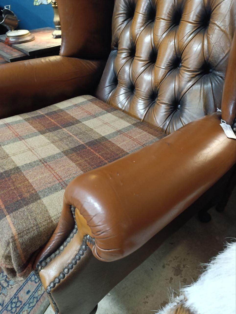 Vintage Victorian Design Chesterfield Wingback Armchair - Leather & Wool Tweed