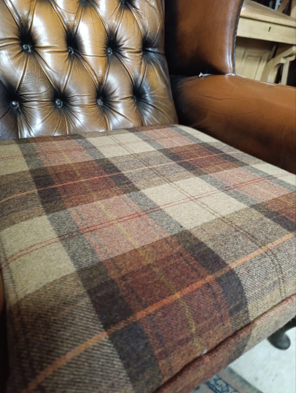Vintage Victorian Design Chesterfield Wingback Armchair - Leather & Wool Tweed