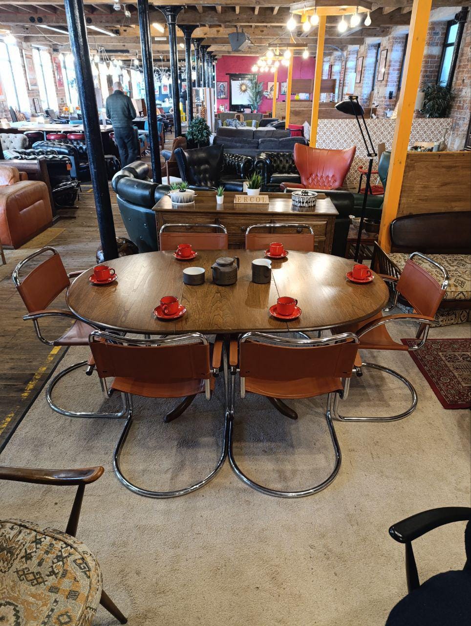 Set of 6 Bauhaus Cantilever Chairs - Chrome & Cognac Leather - Italian Design